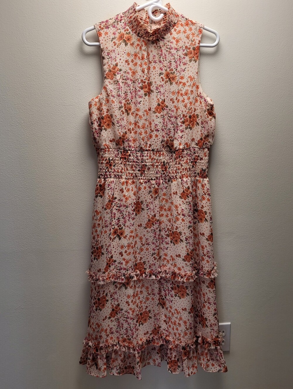 1.STATE Floral Smocked Waist Tiered Midi Dress Ruffle Neck Boho
